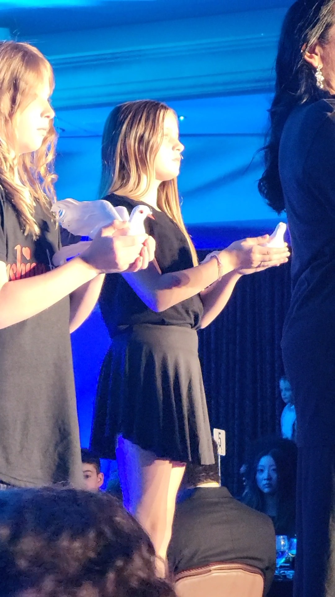 Caitlyn Helms participating in a stage performance with a dove
